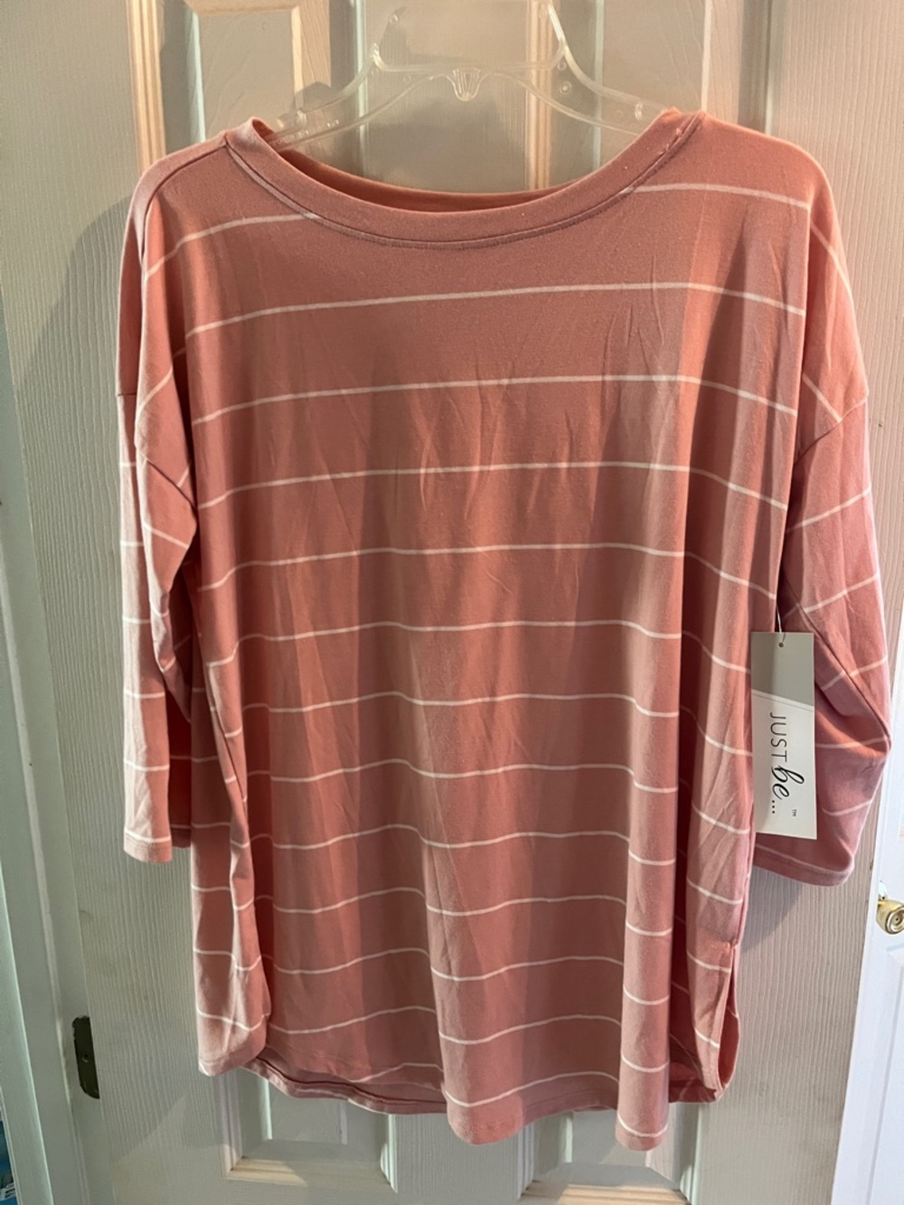 just be Pink and White Striped Long Sleeve Boatneck Top